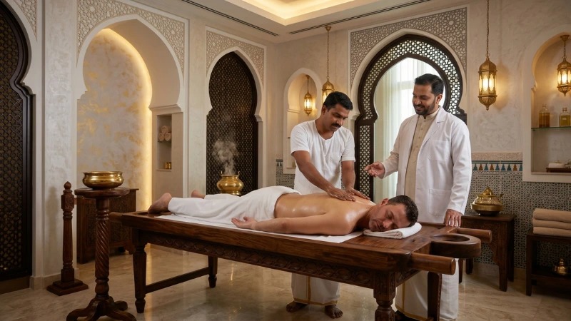 Best abhyanga therapy in Dubai — an experienced Ayurvedic therapist performs a warm herbal oil massage on a patient resting on a carved wooden droni table, while a senior Ayurvedic doctor supervises in a serene arched Dubai clinic with brass oil vessels