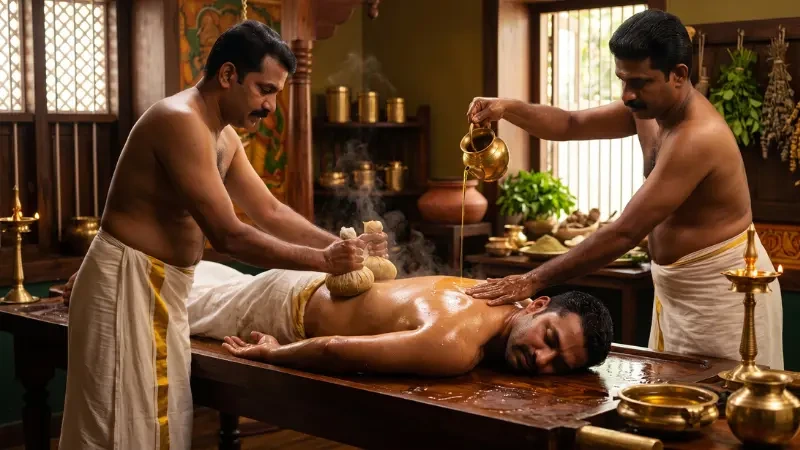 Two Kerala therapists performing Panchakarma detox therapy, pressing warm herbal rice-bolus poultices and pouring medicated oil over a patient
