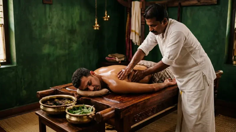 Ayurvedic therapist performing Netra Tarpana eye therapy, pouring warm medicated ghee into a herbal dough ring around a patient's eyes