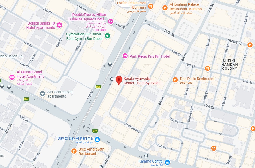 Map showing Kerala Ayurvedic Clinic location in Karama, Dubai — opposite Spinneys