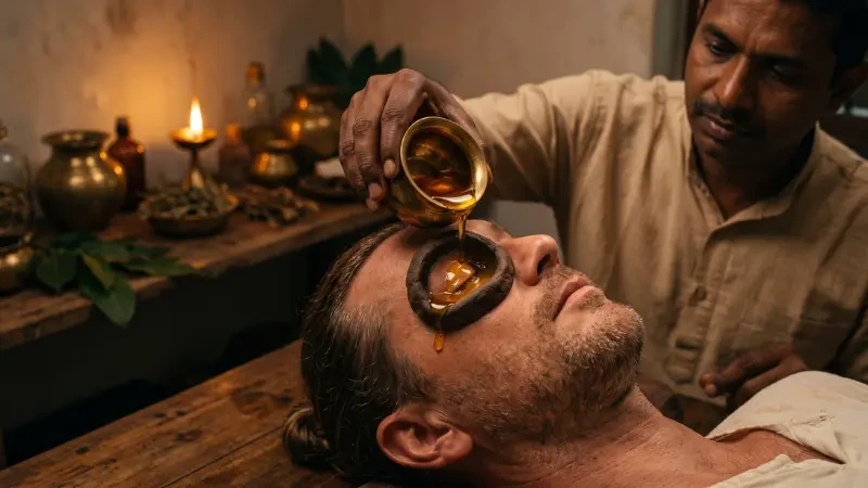 Kerala therapist massaging warm medicated herbal oil into a patient's back and spine to ease chronic back pain and joint stiffness