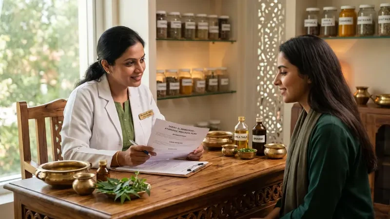 DHA-licensed Ayurvedic doctor examining a patient's scalp and hairline during a consultation, with herbal hair oils and remedies on the table