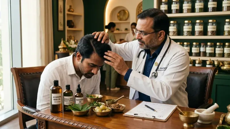 Ayurvedic therapist performing Shirodhara, pouring a steady stream of warm herbal oil from a brass vessel onto a man's forehead to calm the nervous system